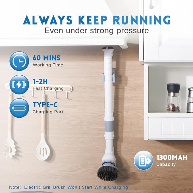 Electric Spin Scrubber,Wire Brush,Waterproof Spin Scrubber with Long Handle, Powerful Motor Cordless Cleaning Brush, Grill Cleaning Brush with Multiple Heads for Sink, Stove, Cabinets, and Kitchen