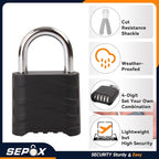 SEPOX 4PCS Large Combination Padlock, Outdoor Combo Lock 2.2" 55mm Heavy Duty Weatherproof, Ressetable 4 Digital, Security Aluminum Body, Uncuttable Shackle, for Warehouse, Home, School, Gate, Garden