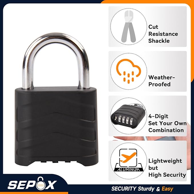 SEPOX 2PCS Large Combination Padlock, Outdoor Combo Lock 2.2" 55mm Heavy Duty Weatherproof, Ressetable 4 Digital, Security Aluminum Body, Uncuttable Shackle, for Warehouse, Home, School, Gate, Garden