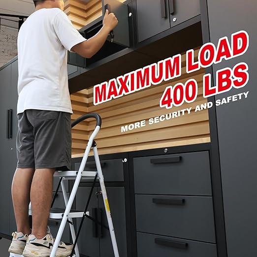 Big RED 3 Step Ladder, Folding Step Stool with Anti-Slip Pedal, Step Ladder 3 Step Folding with Padded Handle for Kitchen, Household, Offices. 400 lb Capacity