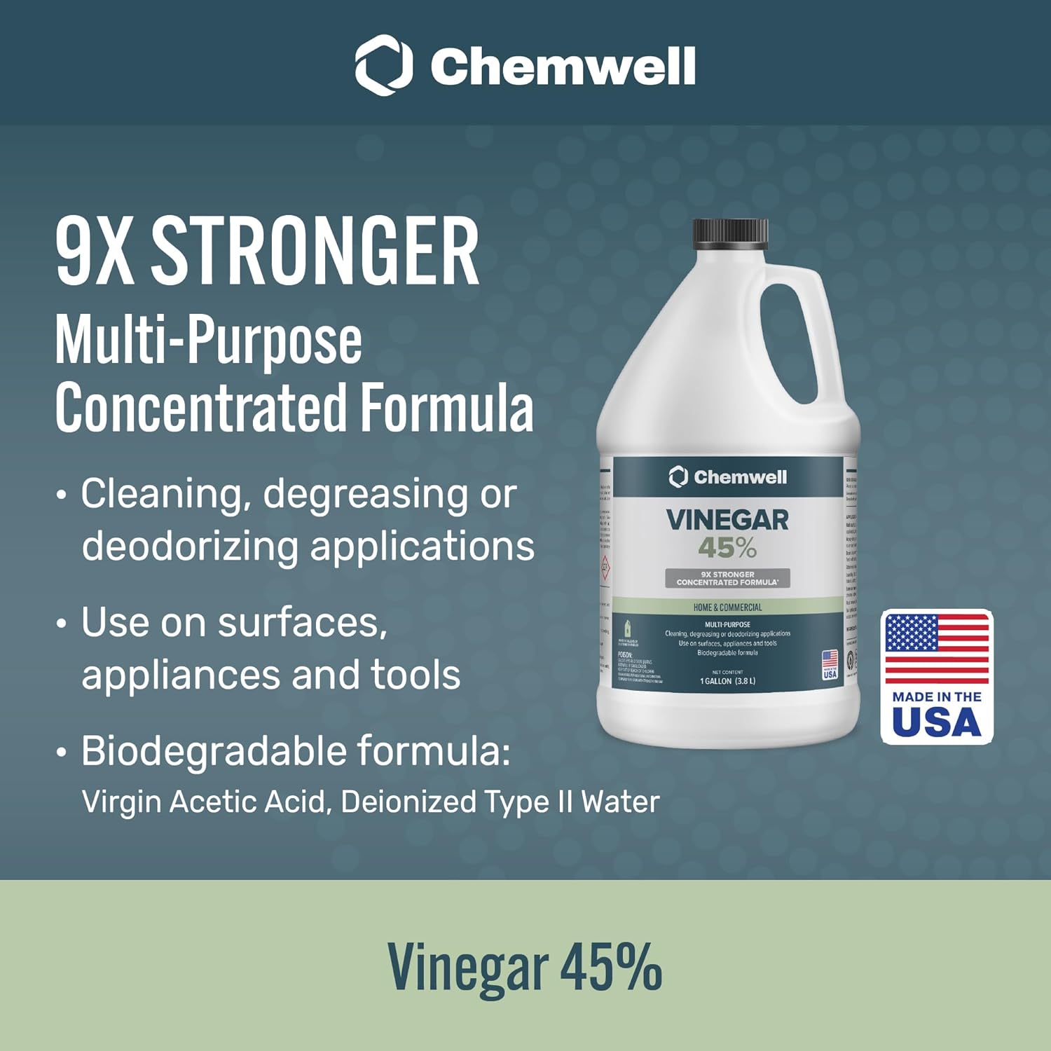 45% Vinegar 4 Gallons (4 Pack, 1 Gallon) - General Purpose All-Natural Multi-Surface Cleaner for Home, Patio & Commercial - High Performance, Powerful Concentrated Acetic Acid - Made in USA