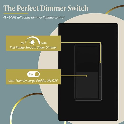 TOPGREENER Kalide Dimmer Light Switch, LED Dimmer Switch, Full Range Dimming, Single Pole/3-Way, 120VAC, 60Hz, 300W LED/CFL, Neutral Wire Not Required, Wall Plate Included, Black, 2 Pack