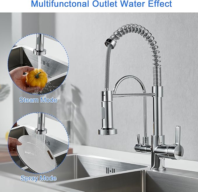 MENATT 3 in 1 Kitchen Faucet with Drinking Water Faucet, Pull Down Double Handle Filtration Kitchen Faucet Chrome (Without Water Filtration Device)