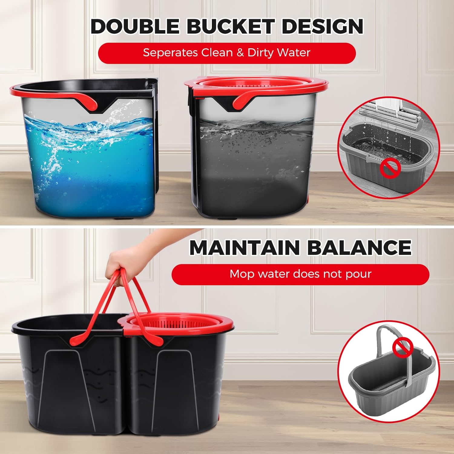 Spin Mop and Bucket with Wringer Set for Home,360° Mop and Bucket with Separate Clean and Dirty Water,Wet Dust Mop for Floor Cleaning with 3 Mop Heads