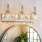 Vintage Bathroom Vanity Light, 3-Light Brushed Nickel Vanity Lighting Fixture with Flower Glass Shade, Bathroom Lighting Fixtures Over Mirror