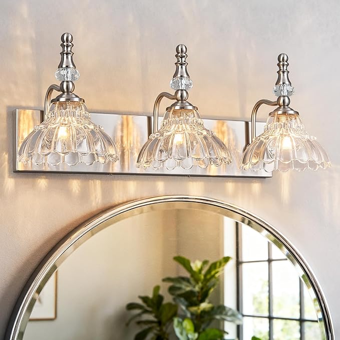 Vintage Bathroom Vanity Light, 3-Light Brushed Nickel Vanity Lighting Fixture with Flower Glass Shade, Bathroom Lighting Fixtures Over Mirror