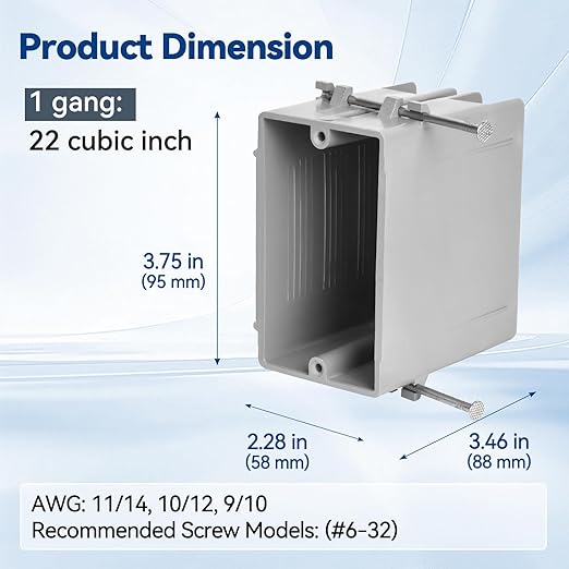 1-Gang New Work Outlet Box, PVC Electrical Box for Switch, GFCI, Dimmer, 22 Cubic Inch, UL Listed, 6 Pack