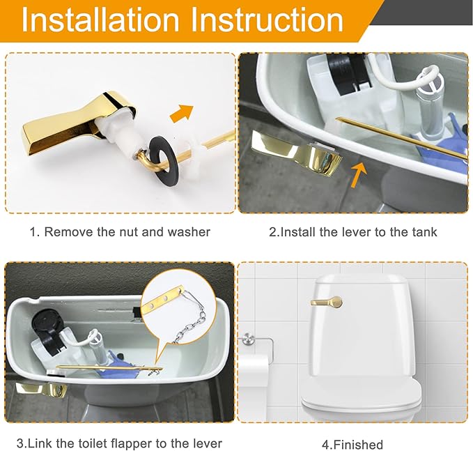 Hibbent Universal Metal Front Mount Toilet Handle Replacement Kit, Brass Toilet Flush Tank Lever with Stainless Steel Flapper Chains for Most Toilets, Shiny Gold