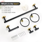 TQKAG Black and Gold Bathroom Hardware Set 6-Piece Bathroom Accessory Set 23.6 Inch Round Stainless Steel Towel Bar Set Wall Mounted