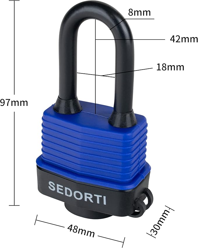 Colored Waterproof Padlocks, Heavy Duty Laminated Steel Lock with Blue Plastic Covered, Keyed Alike Outdoor Locks, Can Be Used as Lockout Tagout Lock, Long Padlocks, Pack of 12