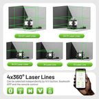 Huepar Laser Level 360 Self Leveling, 4x360° Green 4D Cross Line Laser with LCD Screen, Bluetooth Outdoor Pulse Mode Laser Tool for Construction -Remote Control, Li-ion Battery or 4 AA Batteries-S04CG
