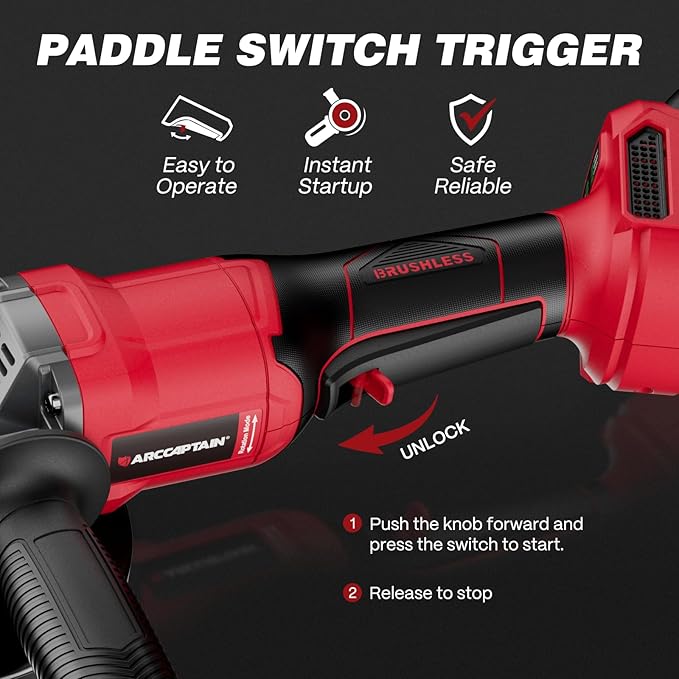 ARCCAPTAIN Angle Grinder Kit, 4-1/2 to 5",【Paddle Switch】9500RPM 1200W Brushless Power Motor Cordless Angle Grinder with 2PCS 4.0AH Batteries, 180°Rotatable Grinder Tool for Cutting/Grinding/Polishing