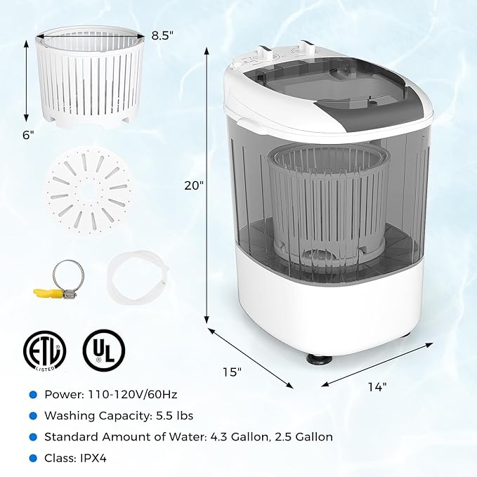 COSTWAY Mini Portable Washing Machine, 5.5 lbs Capacity, Compact Laundry Washer with Spin Tub & Drain Hose, Perfect for Apartment Dorms RV Home (Grey)