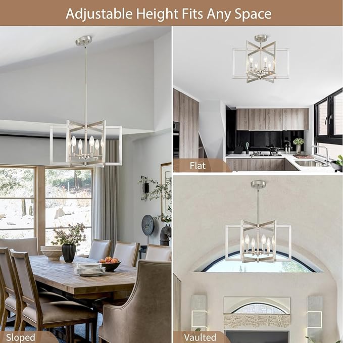 Brushed Nickel Chandelier 6-Light, Dining Room Light Fixture Geometric Metal Modern Chandelier Lighting for Kitchen Island Living Room Entryway, 20 Inch Pendant Lighting Hanging Ceiling Lamp