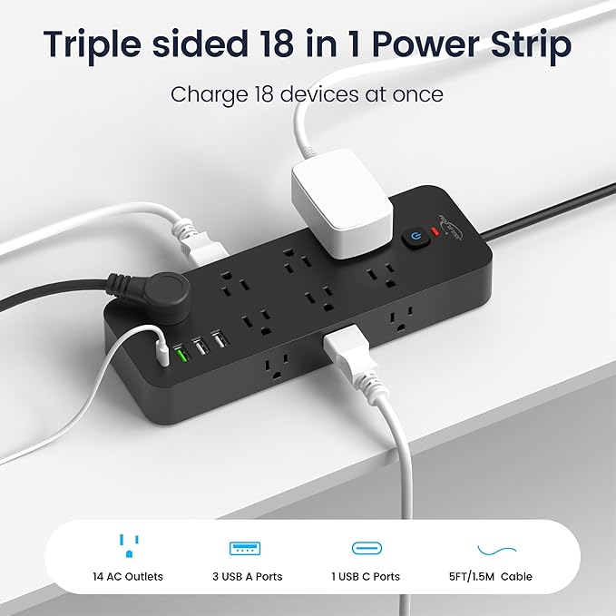 Surge Protector Power Strip with USB Ports, 14 AC Outlets with 4 USB Ports (1 USB C), 5 Feet Cord with Multiple outlets, 1875W/15A, One Touch Switch Button, Wall Mountable for Home, Office-Black
