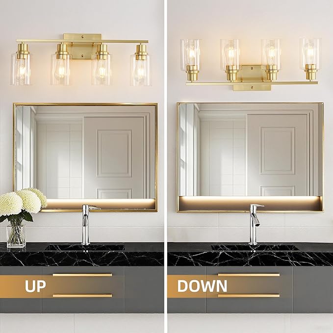 EMONG Gold Bathroom Light Fixtures,4-Lights Brushed Brass Vanity Light with Clear Glass Shade,Modern Wall Sconces for Hallway, Farmhouse,Living Room