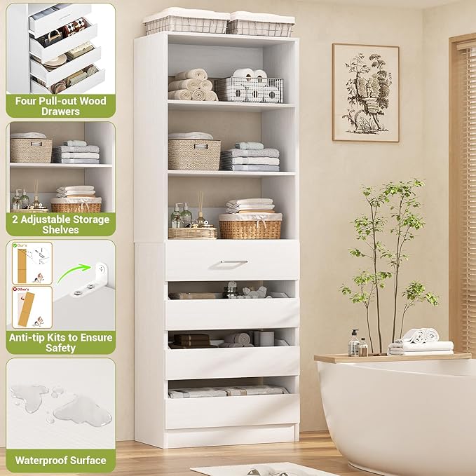 Aheaplus Wood Closet Organizer with 4 Drawers, 21.3" Closet System Tower with Open Shelves, Modular Walk-in Drawers System, Tall Storage Cabinet Unit, White