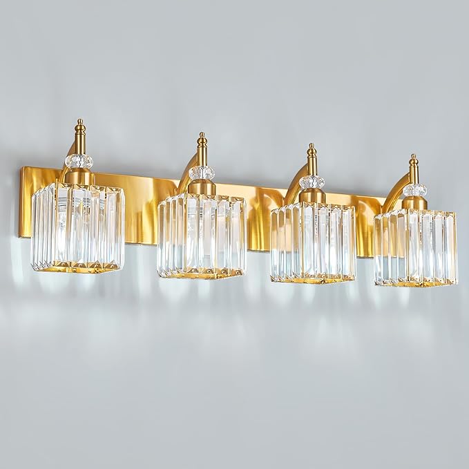 Crystal Vanity Lights Gold 4 Light Bathroom Light Fixtures Over Mirror Modern Vanity Light for Bathroom