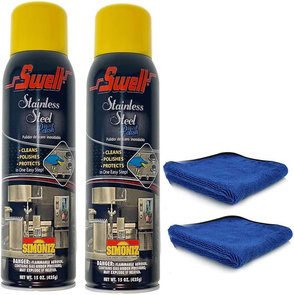 Simoniz USA 15 oz 2pk Swell Stainless Steel Polish Aerosol Spray Cleaner + 2 GRACE I AM Microfiber Polishing Cloth