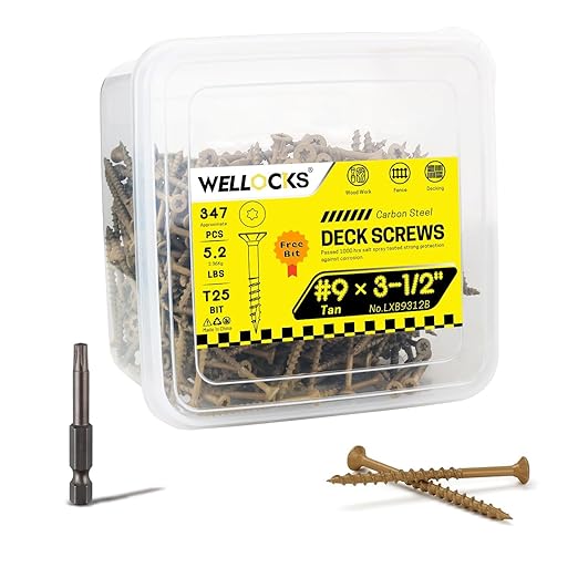 WELLOCKS Deck Screws, Wood Screws, Tan, Superior Rust Resistant, Epoxy Coated, Above 1000 Hour Salt Spray Coating T25 Torx Star Bit Included for Outdoor Wood Fence (5.2LBS Tan, #9×3-1/2")