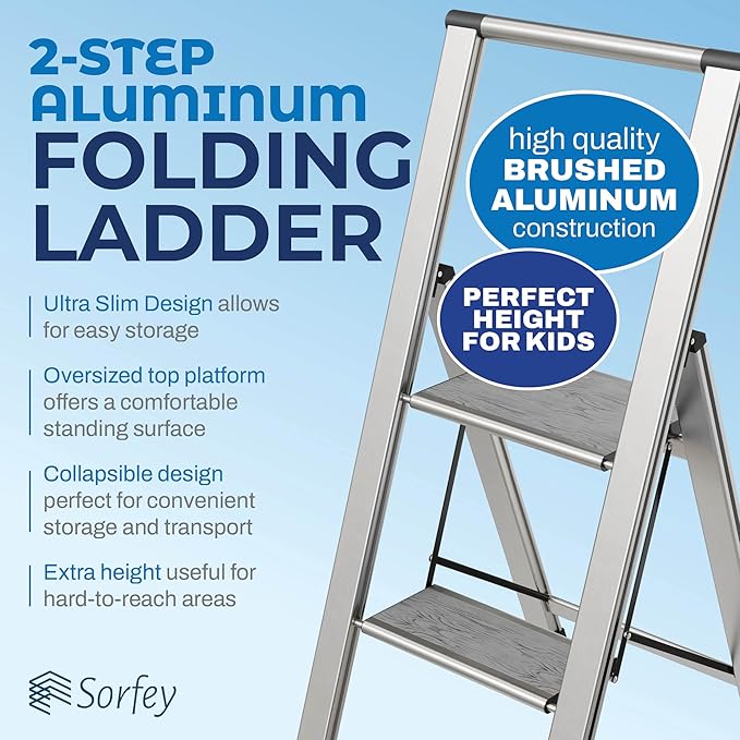 Step Ladder 2 Step Folding, Decorative - Beautiful Gray Wood & Silver Aluminum, Ultra Slim Profile, Anti Slip Steps, Sturdy-Portable for Home, Office, Kitchen, Photography Use,by SORFEY