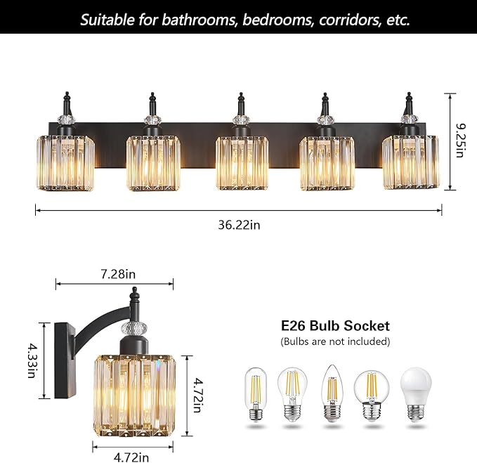 Crystal Vanity Lights - Black 5 Light Modern Bathroom Vanity Light Fixtures Over Mirror