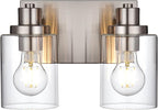 2 Light Vanity Light Fixtures - Brushed Nickel, Modern Design with Clear Glass Shade, Farmhouse Style Over Mirror Lighting