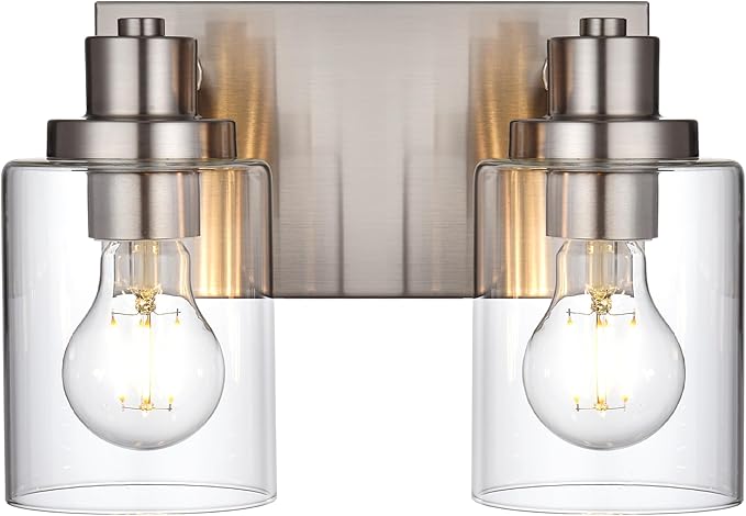 2 Light Vanity Light Fixtures - Brushed Nickel, Modern Design with Clear Glass Shade, Farmhouse Style Over Mirror Lighting