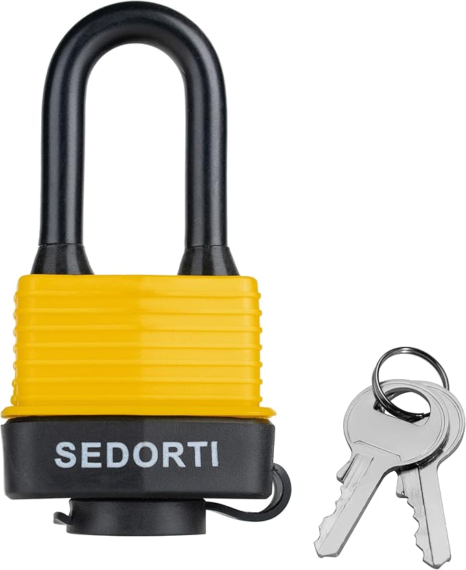 Colored Waterproof Padlocks, Heavy Duty Laminated Steel Body with Yellow Plastic Covered, Keyed Alike Outdoor Locks, Can Be Used as Lockout Tagout Lock, Long Padlocks, Pack of 12