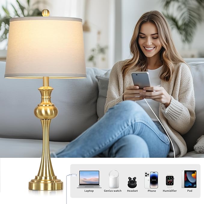 28.75" Gold Table Lamps for Living Room,Touch Lamps for Bedrooms Set of 2 - Nightstand Table Lamp with USB C+A, 3 Way Dimmable Bedside Lamps End Tables, Antique Brass