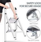 KINGRACK Aluminium 2 Step Ladder, Lightweight Step Stool with Non-Slip Pedals, Handrail, 330LBS Foldable Step Ladder for Kitchen, Garage, Home, Space Saving, Sturdy and Portable, Silver