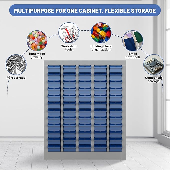 60-Drawer Parts Storage Cabinet, Multi-Purpose Organizer for Screws, Bolts, Nails, Craft Supplies, Legos, Tools, Compact Plastic Drawer Unit, Hardware Organizer for Garage, Workshop, Classroom