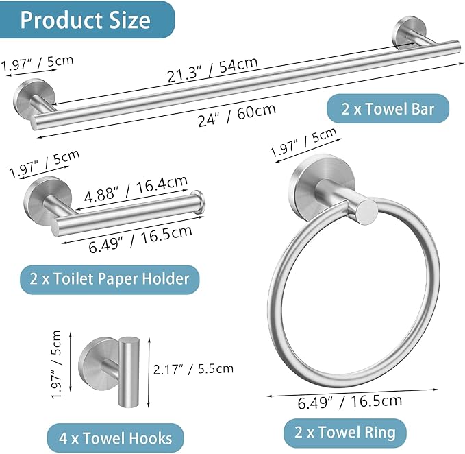 10-Pieces Bathroom Hardware Set, Includes 24 Inch Towel Racks for Bathroom Wall Mounted, Toilet Paper Holder, Towel Hooks for Bathrooms, Towel Rings for Bathroom Wall (Brushed Nickel)