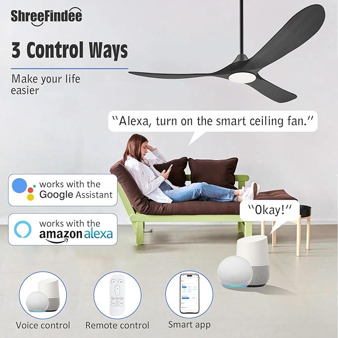 52" Black Outdoor Ceiling Fan with Light, Alexa Smart Ceiling Fan with Light Remote 3 Wood Blade Quiet Reversible DC Motor, Large Airflow Damp-rated Indoor Exterior Ceiling Fans for Patio Porch Gazebo