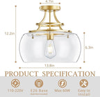 Industrial Round Chandelier Rustic Ceiling Light Fixture Farmhouse Pendant Light with Clear Glass Shade for Dining Room Hallway Entryway Kitchen Bedroom, Gold