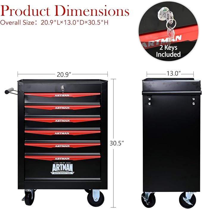 6-Drawer Steel Rolling Tool Cart with Wheels & Handle, Heavy-Duty Tool Chest Storage Cabinet for Garage and Workshop