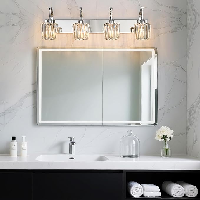 Modern Bathroom Vanity Light, 4-Light Chrome Wall Sconce with Crystal Accents, Over Mirror Bathroom Lighting Fixture, 32.67" Long Dimmable Vanity Lamp for Makeup, Easy Installation
