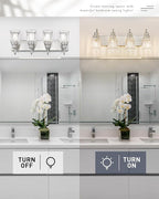 Brushed Nickel Bathroom Light, HWH 4-Light Vanity Lights for Bathroom Vanity Sconce Over Mirror, Wall Mounted Light Fixtures with Bell-Shaped Striped Glass, 5HZG106B-4W BN