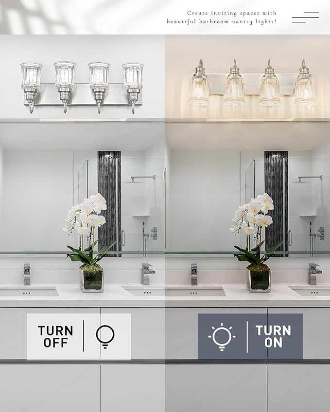 Brushed Nickel Bathroom Light, HWH 4-Light Vanity Lights for Bathroom Vanity Sconce Over Mirror, Wall Mounted Light Fixtures with Bell-Shaped Striped Glass, 5HZG106B-4W BN