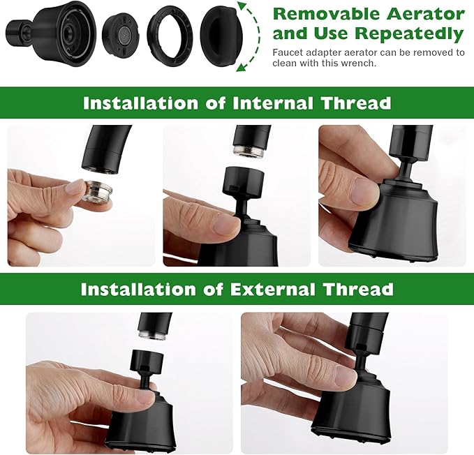 Faucet Sprayer Attachment with 2 Ball Joint, Big Angle Swivel Kitchen Sink Faucet Head Replacement, 4 Spray Models, 55/64-27UNS Famale Thread, Male Thread Adapter Included, Black