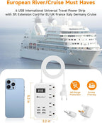 European Travel Plug Adapter, US to Europe Travel Power Strip with 6 USB(2 USB C) 4 Outlets, International Universal Travel Power Adapter with 3ft Extension Cord for EU UK France Italy Germany Cruise