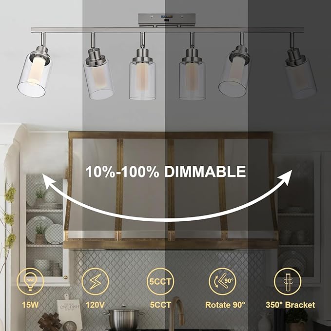 6-Light 5CCT LED Track Light Ceiling for Kitchen, Adjustable Directional Spotlight in Brushed Nickel Bathroom Lighting Fixture with Clear Glass & Frosted Colunm