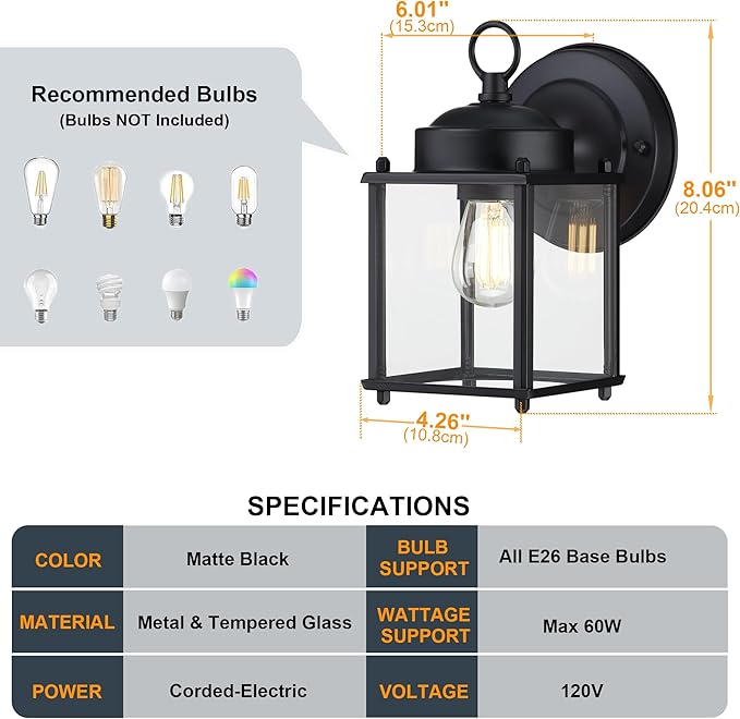 GRUENLICH Outdoor Wall Sconce, Exterior Wall Lighting Fixtures with Clear Glass, Front Porch Lighting, Anti-Rust Outside Lights for Patio, Doorway, Matte Black, 2 Pack