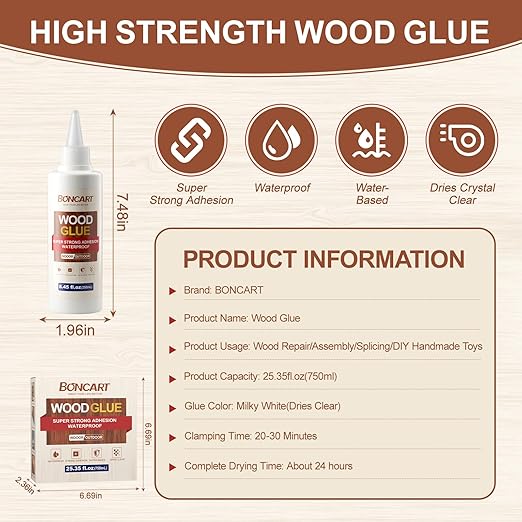 Wood Glue, 8.45fl.oz Super Strong Adhesion Wood Glue for Furniture Heavy Duty, Clear After Drying, Waterproof, for Woodworking, Crafts, Repair, Furniture Assembly (3 Pack)