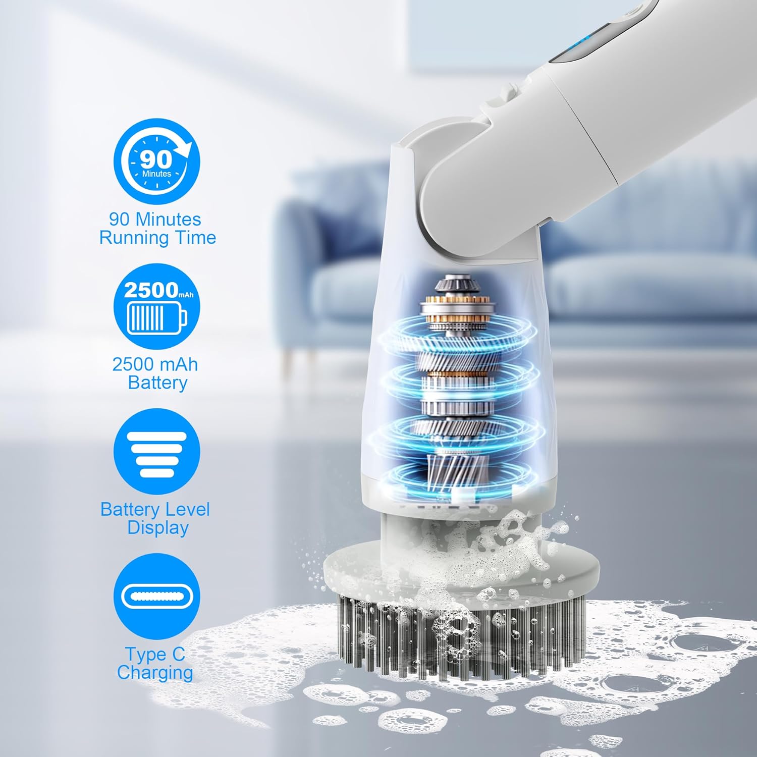 Electric Spin Scrubber, Cordless Cleaning Brush with Long Handle & 8 Brush Heads IPX7 Waterproof Bathroom Scrubber for Tub Grout Tile Floor, TBL03