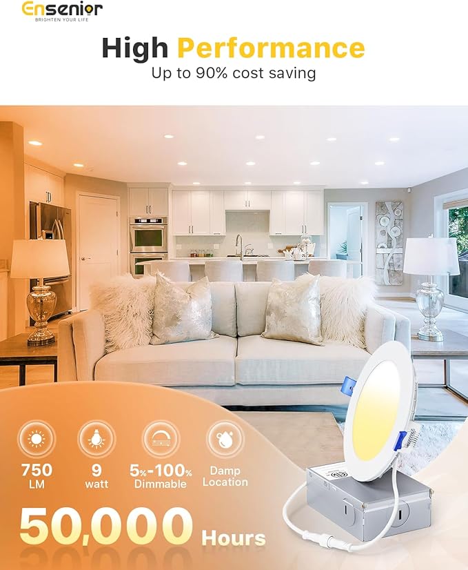 Ensenior 6 Pack 4 Inch LED Recessed Light, Dimmable, 5000K Daylight, 750LM High Brightness, 9W 120V, Damp Rated, Ultra-Thin Canless Wafer Ceiling Light - ETL & FCC & IC