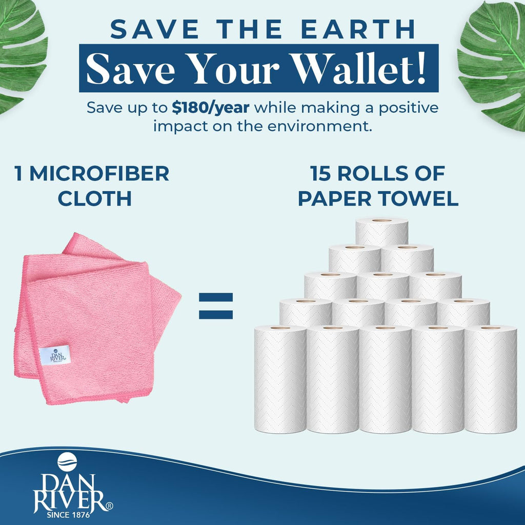 DAN RIVER 12-Pack Pink Microfiber Towels – Ultra Absorbent, Lint-Free & Streak-Free Kitchen Cleaning Cloths for Home, Car & Kitchen - Must-Have Cleaning Essentials - 12" x 12"