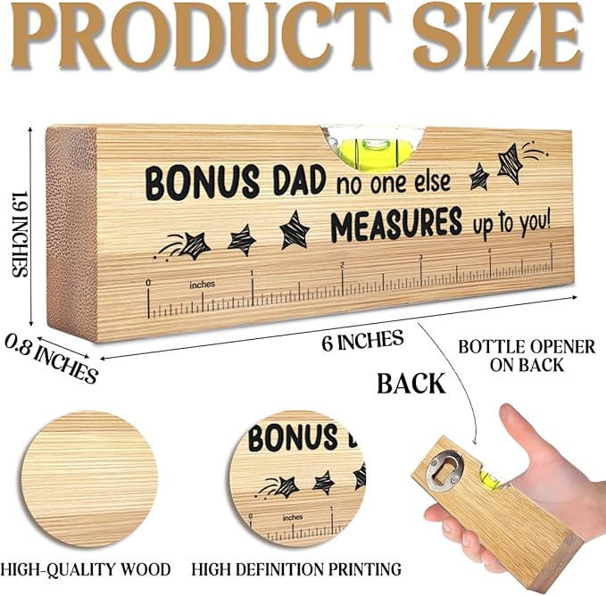 Christmas Gifts for Bonus Dad from Daughter Son, Best Stepped Up Dad Gifts, Funny Fathers Day Birthday Valentines Gift for Stepdad Father Wooden Spirit Level A6
