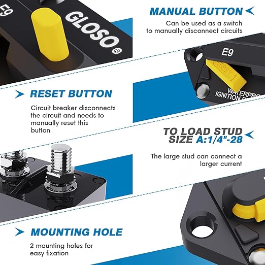 GLOSO Circuit Breaker 40A Marine Panel Mount Automotive RV E9F 90° (1/4" Stud, 40 Amp)