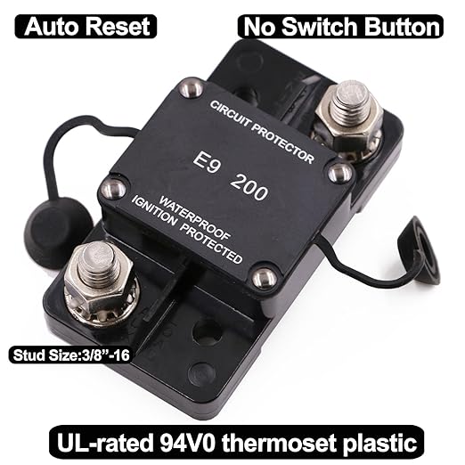Hi-Amp 3/8“ Studs 200A Circuit Breaker Auto Reset No Switch Button for Marine Boat, Car Audio, Solar System, Battery Protection 12V-32V DC IP67